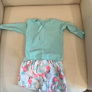 Rugged Butts- Boys Mint Rash Guard Set with Flamingo Shorts- like new 6-12M